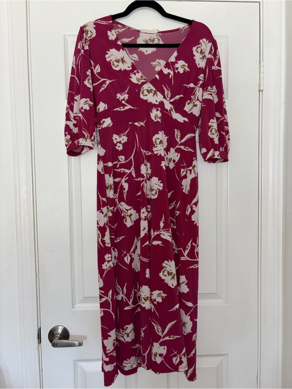 All in Favor Raspberry Pink Floral V-Neck Midi Dress